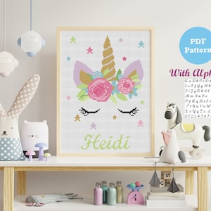 Unicorn cross stitch pattern, unicorn personalized cross stitch pattern with alphabet, modern cross stitch pattern for kids, baby room