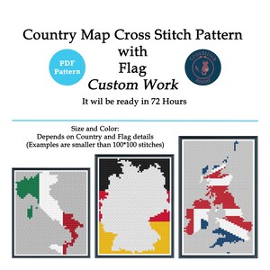 Country map cross stitch pattern with flag, map pattern, flag cross stitch pattern