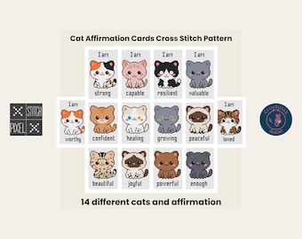 Może przedstawiać: Wzór do haftu krzyżykowego zatytułowany Cat Affirmation Cards przedstawiający 14 kotów w stylu pixel art, z których każdy jest połączony ze słowem afirmacji, takimi jak strong, capable, resilient, valuable, worthy, confident, healing, growing, peaceful, loved, beautiful, joyful, powerful i enough.