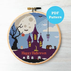 Happy Halloween Haunted House Cross Stitch Pattern, PDF Pattern