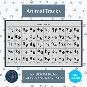 Puede incluir: Un gráfico en blanco y negro de huellas de animales con el título "Animal Tracks". El gráfico incluye 48 huellas de animales diferentes, con el nombre de cada animal listado debajo de su huella. El gráfico está enmarcado en negro y tiene un fondo blanco. El gráfico mide 70,2 pulgadas por 37,4 pulgadas.