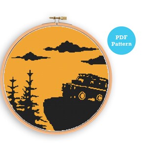 Scenery, nature and car cross stitch pattern, landscape pdf pattern, DMC