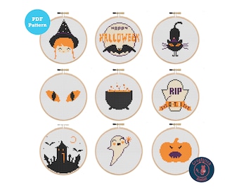 Może przedstawiać: Dziewięć wzorów haftu krzyżykowego o tematyce Halloween przedstawiających czarownicę, kota, oczy, kocioł, nagrobek, nawiedzony dom, ducha i dynię. Wzory są w kolorze czarnym, pomarańczowym i fioletowym.
