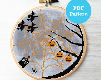 Moon and pumpkin modern Halloween cross stitch pattern, PDF Pattern