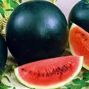 May include: A dark green watermelon with a red interior. The watermelon is sliced open, revealing the red flesh and black seeds.