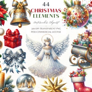 Watercolor Glittered Christmas Element,Gold Silver Christmas Ornament Clipart Bundle,Angel Wreath Gift Boxes Clipart,POD Commercial PNG