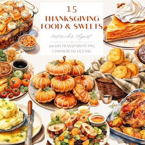 Thanksgiving Food & Sweets, Autumn Dinner Dessert Watercolor Clipart PNG, Fall Pumpkin Spices PNG, Cottagecore Watercolor Clipart PNG