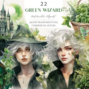 Green Wizard Watercolor Clipart,Magic Teen Witch, Halloween Green Witch, Witchcraft PNG, Witch Plant Herb,Cottagecore Watercolor Clipart PNG