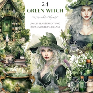 24 Green Witch Watercolor Clipart, Magic Witch, Halloween Green Witch, Witchcraft PNG, Witch Plant Herb,Cottagecore Watercolor Clipart PNG