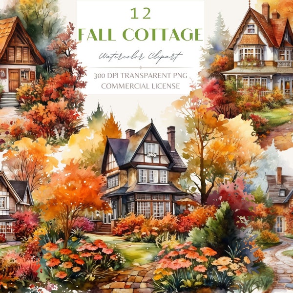 12 Fall Cottage Watercolor Clipart, Halloween Autumn Cottage House PNG, Cottagecore Watercolor Clipart PNG, Fall Forest Leaves Pumpkin PNG