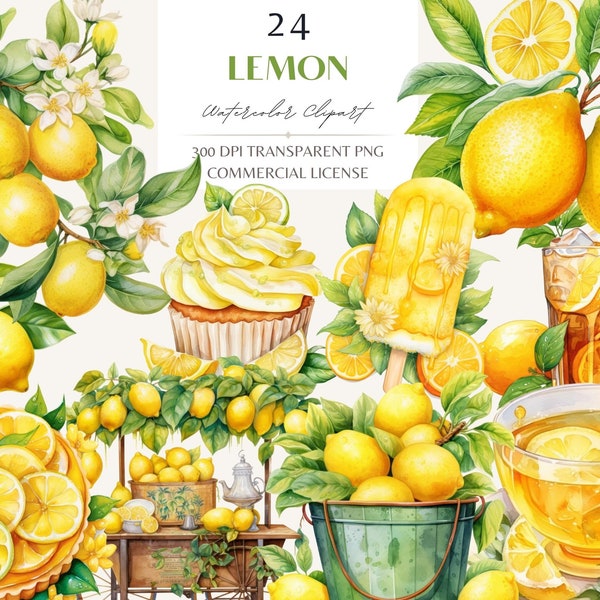 Watercolor Lemonade Stand Clipart , Lemon Dessert PNG, Summer Cocktails, Lemon Drinks Clipart for sublimation, junk journal, scrapbooking