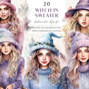 Witch in Knitted Sweater,Watercolor Cozy Winter Girl Clipart,Winter Witch Women Clipart,Sublimation, Scrapbooking,POD Commercial Licence PNG