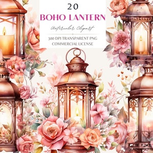 Rosegold Boho Lantern Clipart, Watercolor Floral Halloween Lantern,Rose Flower Candle Lit PNG for Junk Journal,Sublimation, Planner Sticker