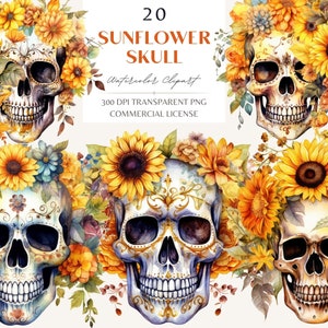 Sunflower Skull Watercolor Clipart, Halloween Floral Skull PNG, Day of The Death Watercolor Clipart, Boho Sunflower,Digital Sticker PNG