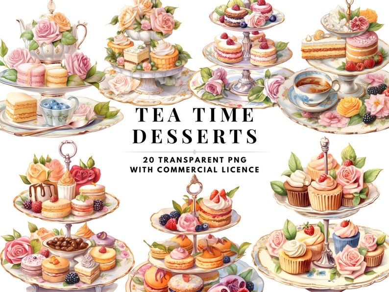 Tea Time Desserts Clipart Watercolor Floral Tea Time Bundle - Etsy