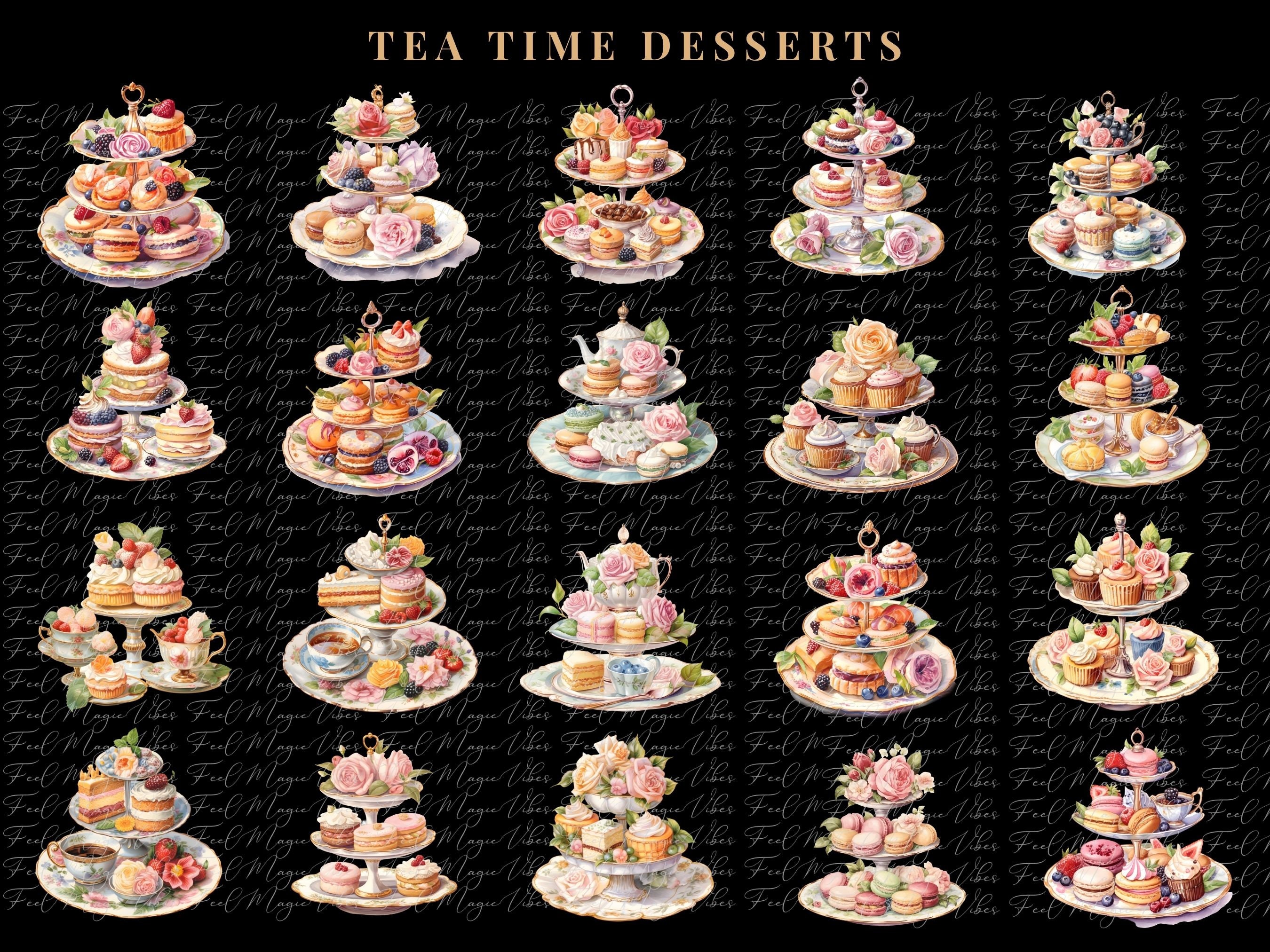Tea Time Desserts Clipart, Watercolor Floral Tea Time Bundle Clipart