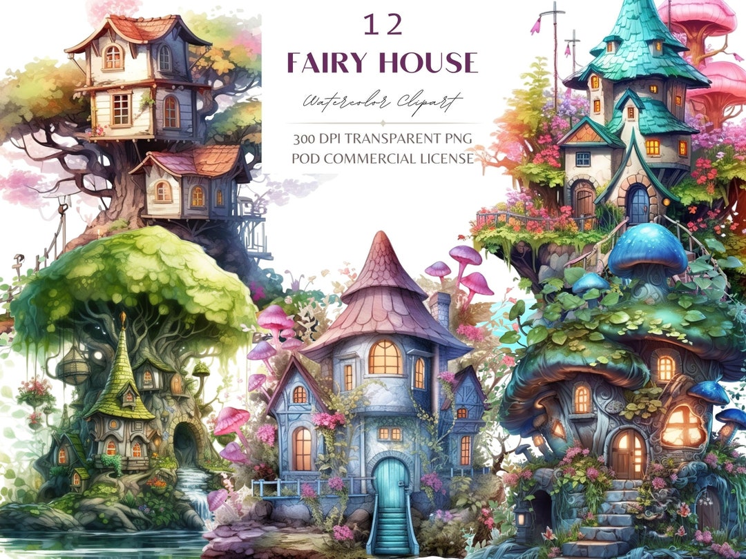 Watercolor Fairy House Clipart, Magical Mushroom House Bundle PNG ...