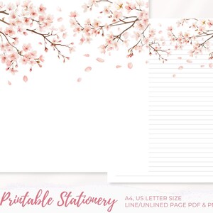 Cherry Blossom Floral Printable Stationery Paper,Sakura Flower Letter Writing Paper,A4 & US Letter Size,Digital Journal Paper Download
