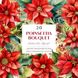 Watercolor Christmas Poinsettia, Christmas Red Green Floral Bouquet Clipart, Pine Cone, Sublimation, Junk Journal, POD Commercial Use PNG