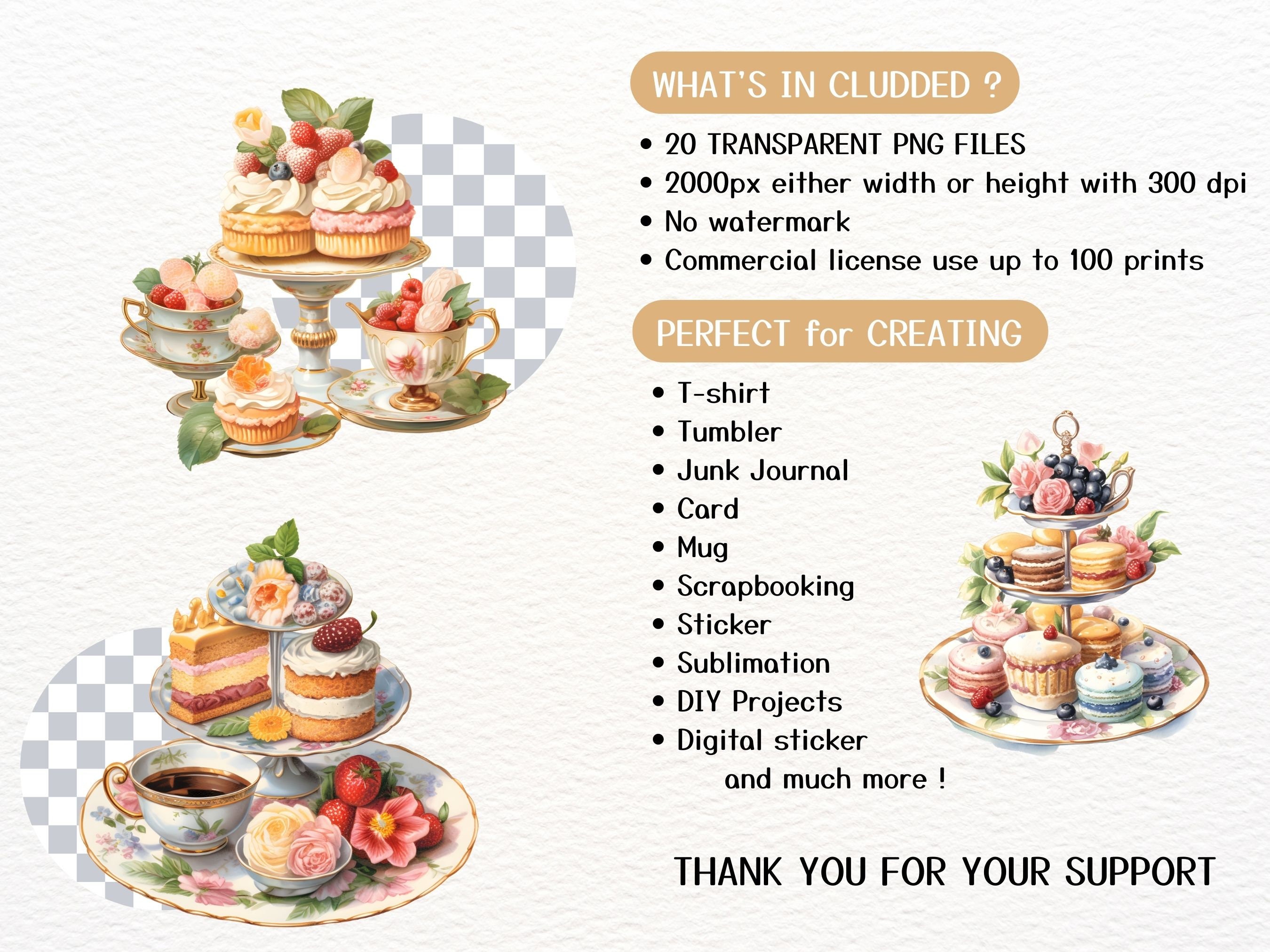 Tea Time Desserts Clipart, Watercolor Floral Tea Time Bundle Clipart
