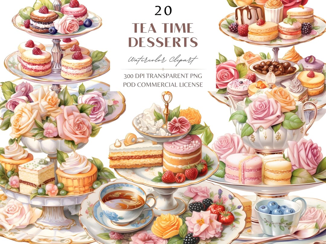 Tea Time Desserts Clipart, Watercolor Floral Tea Time Bundle Clipart