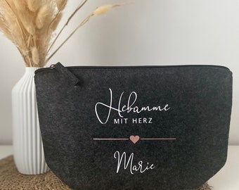 Hebamme mit Herz Geschenk | Kosmetiktasche aus Filz personalisiert mit Namen | Dankeschön | Abschiedsgeschenk |