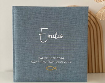 Personalisiertes Fotoalbum Leinen zur Konfirmation | Firmung | Taufe |  Geschenke Kinder | Kommunion | Jugendweihe | Baby | Junge | Mädchen