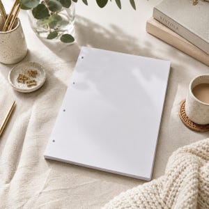 Könnte beinhalten: Ein Stapel leerer weißer Papierblätter mit vier kreisförmigen Stanzlöchern entlang der linken Kante. Das Papier liegt auf einer strukturierten Stoffoberfläche neben einer gesprenkelten Keramiktasse, einer kleinen Schale mit goldenen Clips.