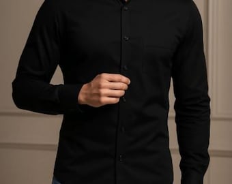 Men's Black Cotton Button-Down Shirt, Long Sleeve Casual Top, Turndown Collar Pocket