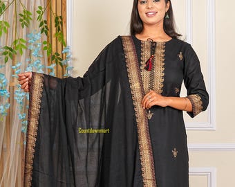 Handmade Kurta Pant Set Women Festive Wear Salwar Kameez Readymade Fully Stitched 3 Piece Set Designer Kurti Pant With Dupatta Rayon Kurtis