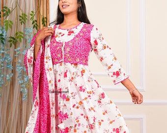 Anarkali Kurti 3 Piece Set Indian Traditional Kurti Pant Set With Dupatta Women Cotton Anarkali Dress Perfect Gift For Her Designer Kurtis.