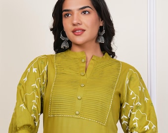 Salwar kameez set Indian outfit embroidered 3/4 sleeve kurti with pant daily wear straight cut suit