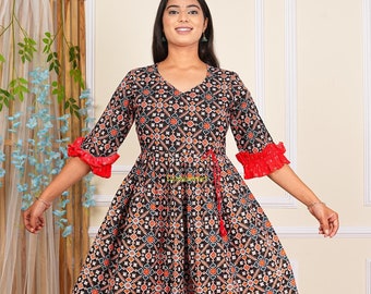 Printed Cotton Kurti With Pant Set Indian Party Wear Salwar Kameez Ethnic Kurtis For Women 2 Piece Traditional Outfit Gift For Mom