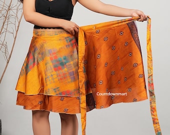Hand-Stitched floral print summer outfits wrap around tie hippie mini silk skirts