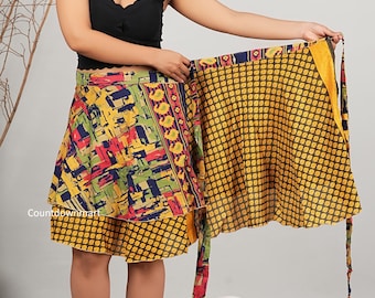Indian vintage silk saree mini skirt beach wrap sarong reversible style gypsy