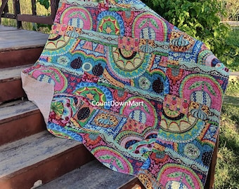 Kantha hand stitched blanket cotton coverlet Boho printed quilt picnic rugs