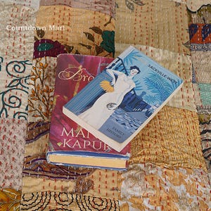 Könnte beinhalten: Zwei Bücher liegen auf einem Patchwork-Quilt. Ein Buch hat einen roten Einband mit dem Titel "Bre" und dem Namen des Autors "MAN KAPUR". Das andere Buch hat einen blauen Einband mit einer Frau in weißem Kleid und dem Titel "SACKVILLE-WEST" und "FAMILY HISTORY".