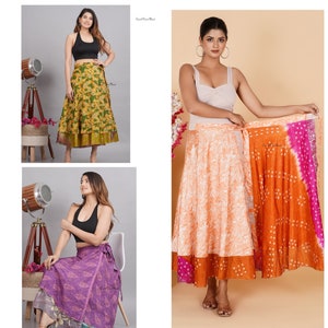 5 PC Vintage Art Silk Sari Recycled Magic Wrap Around Skirt Reversible vintage maxi skirts beach wear skirts Women Dress