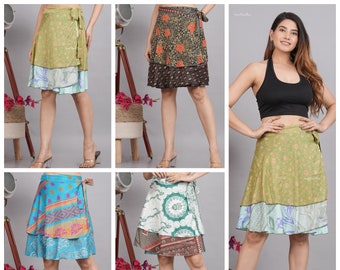Wholesale Lot Women's Wrap Skirt Silk Sari Double Layer reversible Skirt Bohemian Beach Skirt Comfortable Traveling Skirts