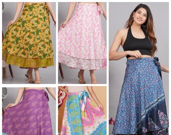 5 jupes Sari Wrap , jupes double couche recyclées vintage pour femmes , jupes longues indiennes , jupes d’été Boho , jupes Maxi Hippie