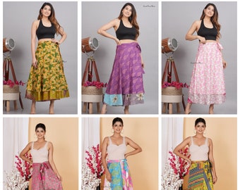 Wholesale Lots Sari Poly Silk wrap skirt Reversible and Lightweight Floaty Double layer skirt Long Skirts Ties