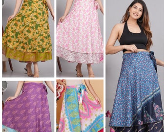 5 PCs Vintage Indian Poly Silk Maxi Skirts Bohemian Skirts Floral Wrap Long Skirts - Regular One Sizes