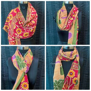 May include: Four images showing different ways to style a colorful kantha scarf. The scarf is made of cotton and has a patchwork design with floral patterns in shades of red, yellow, green, and purple. The scarf is shown on a mannequin with a black background.