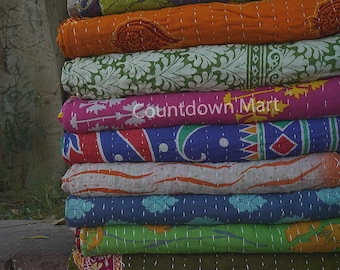 Vintage sari kantha quilt reversible cotton comforter unique handcrafted throw