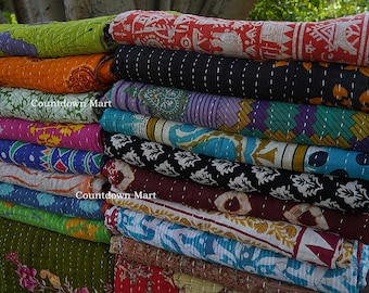 Wholesale lot of Vintage Kantha Throw Handmade Boho Bedspread Reversible Cotton Sofa Cover Recycled Sari Quilt and Blanket
