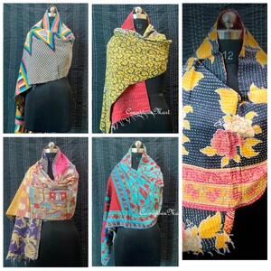May include: Six different kantha quilts, each with a unique pattern and color combination. The quilts are made of recycled saris and are hand-stitched. They are perfect for adding a touch of color and warmth to any room.