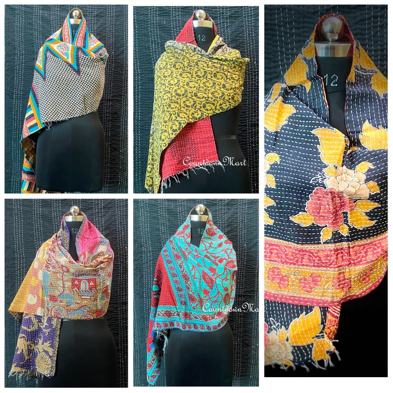 May include: Six different kantha quilts, each with a unique pattern and color combination. The quilts are made of recycled saris and are hand-stitched. They are perfect for adding a touch of color and warmth to any room.