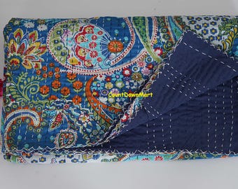 Botanical printed quilt lightweight cotton kantha blanket farmhouse bedding