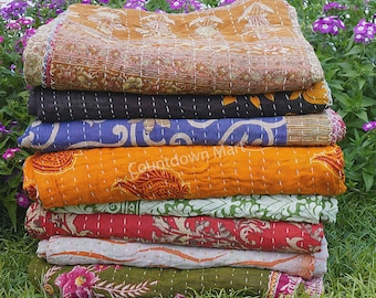 Vintage kantha quilt cotton handmade blanket lightweight bed comforter reversible throw