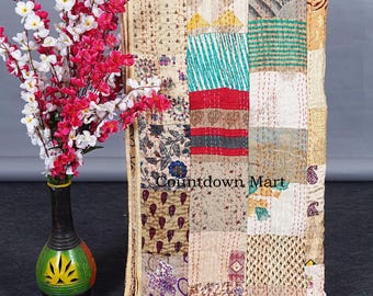 Bohemian silk patchwork kantha quilt twin size handmade lightweight cotton blanket vintage boho bedding